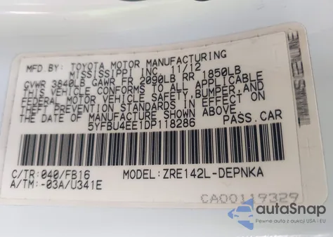 2013 Toyota Corolla Le из США, поврежденный, VIN 5YFBU4EE1DP118286